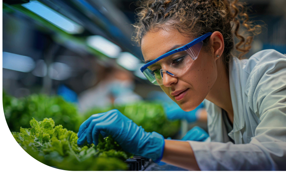Person in safety goggles and gloves examining green leafy plants in a high-tech lab
