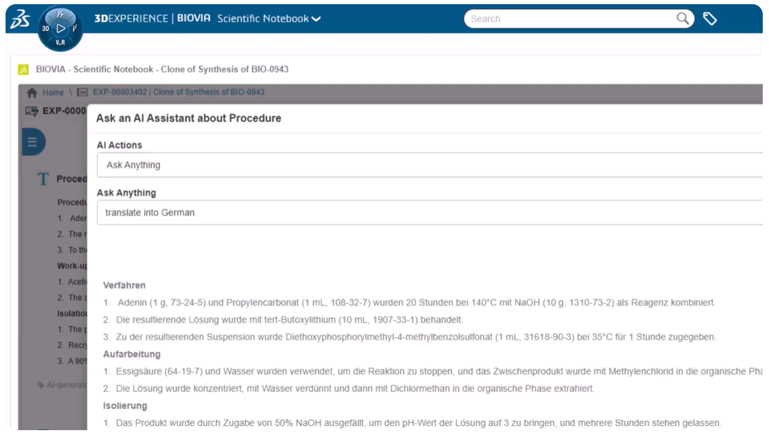 Screenshot of a scientific notebook interface showing an AI assistant panel and a chemical procedure in German.