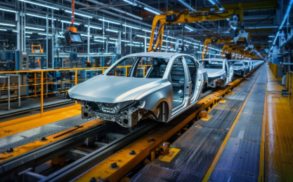 Automotive assembly line featuring robotic arms. Automotive assembly line featuring robotic arms.