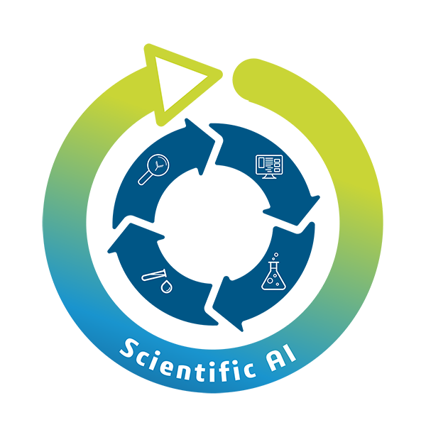 Circular "Scientific AI" logo with green-blue gradient and icons of magnifying glass, computer code, flask, and test tube arranged in a loop Circular "Scientific AI" logo with green-blue gradient and icons of magnifying glass, computer code, flask, and test tube arranged in a loop